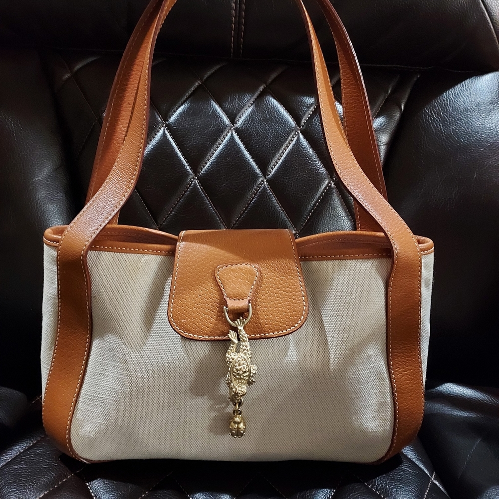 KIESELSTEIN-CORD Ecru Canvas & Camel Tan Leather FROG Charm Flap Bag